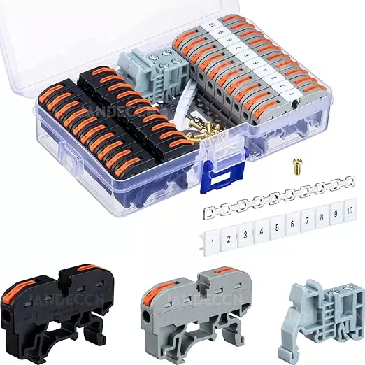 DIN Rail Terminal Blocks Kit, 20pcs Universal Compact Wire Connectors + 2pcs Connection Bar + 2pcs Marker Strip + 2pcs Terminal End Stopper + 20pcs Screws for 24-12 AWG