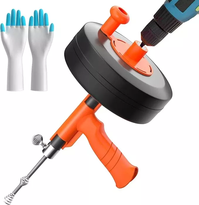 Drain Auger, Plumbing Snake With Drill Adapter, 35ft Heavy Duty Flexible Sink Steel Plumbing Auger Bathroom Hair Clog Removal Tool, Manual Or Powered - No auto retract or feed