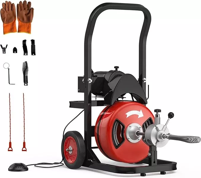Electric Drain Cleaning Machine 100Ft 1/2 Inch, 450W Auto Feed Portable Sewer Snake, Drain Auger with 6 Cutter and Air-Activated Foot Switch for 2"–4" Pipes