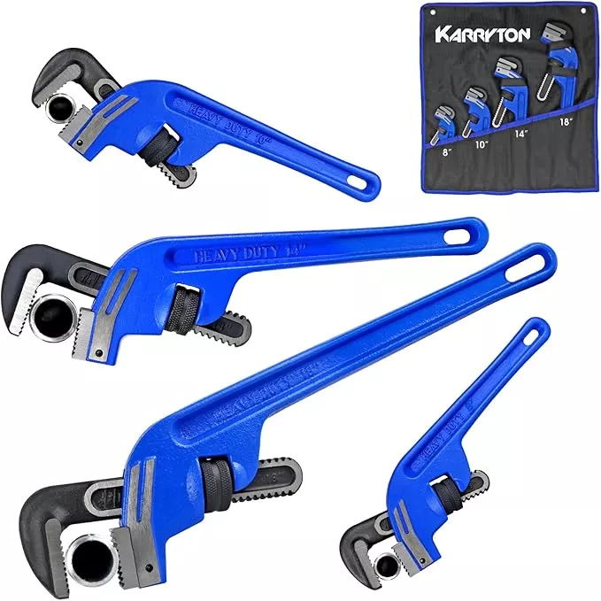 End Pipe Wrench set(8" 10" 14" 18"), Adjustable Cast Iron offset pipe Wrench, Perfect Plumbers Tool for Oil Field, Plumbing, Auto Repair, Construction and Mechanics