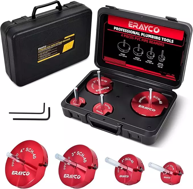 ERAYCO 4PCS PVC Pipe Reamer Kit, Plastic Pipe Fitting Reamer Tool, Fit into Standard 1/2" Drills, PVC Fitting Saver for SCH40 PVC CPVC ABS Pipe (1-1/2'', 2'', 3'', 4'')