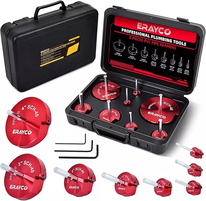 ERAYCO 8PCS PVC Pipe Reamer Kit, Plastic Pipe Fitting Reamer Tool, Fit into Standard 1/2" Drills, PVC Fitting Saver for SCH40 PVC CPVC ABS Pipe (1/2'', 3/4'', 1'', 1-1/2'', 1-1/4'', 2'', 3'', 4'')