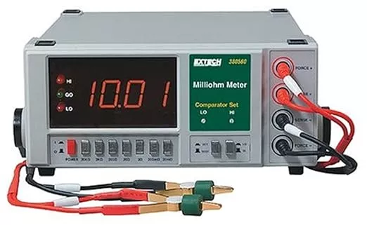 Extech 380560 Precision Milliohm Meter - High Accuracy 4-Wire Digital Low Resistance Tester with Kelvin Clips, 3 Ranges from 200mΩ to 2000Ω, Large LCD Display, Data Hold & Auto Power Off