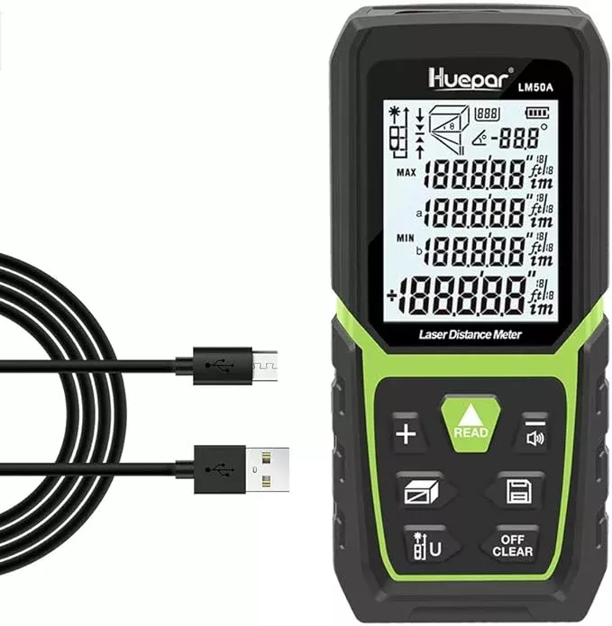 Huepar Laser Distance Measure 165Ft with Li-ion Battery & Electric Angle Sensor, Backlit LCD Laser Measure Ft/in/M with High Accuracy Multi-Measurement Modes, Pythagorean, Distance, Area&Volume-LM50A