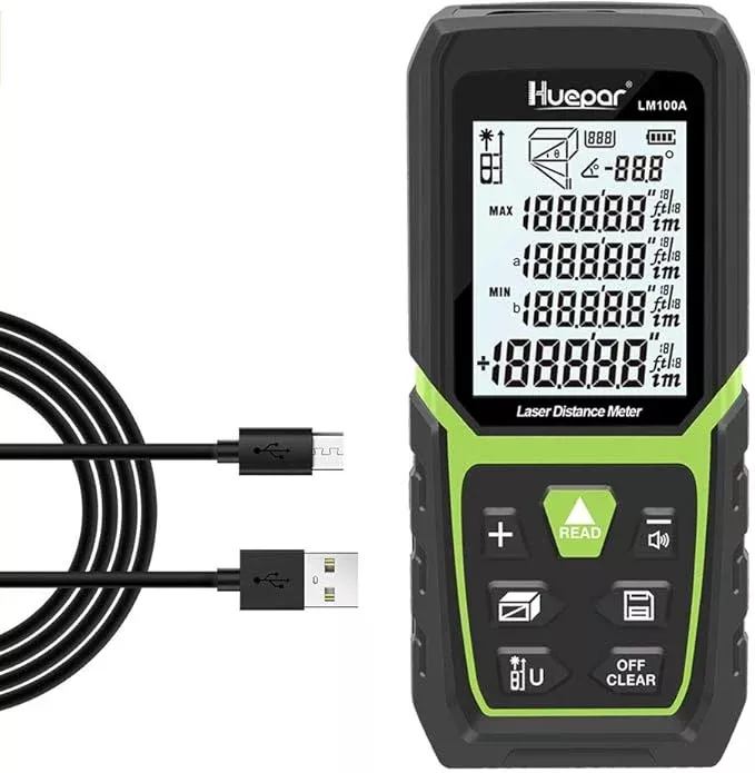 Huepar Laser Distance Measure 330Ft with Li-ion Battery & Electric Angle Sensor, Backlit LCD Laser Measure M/In/Ft with High Accuracy Multi-Measurement Modes, Pythagorean, Distance, Area&Volume-LM100A