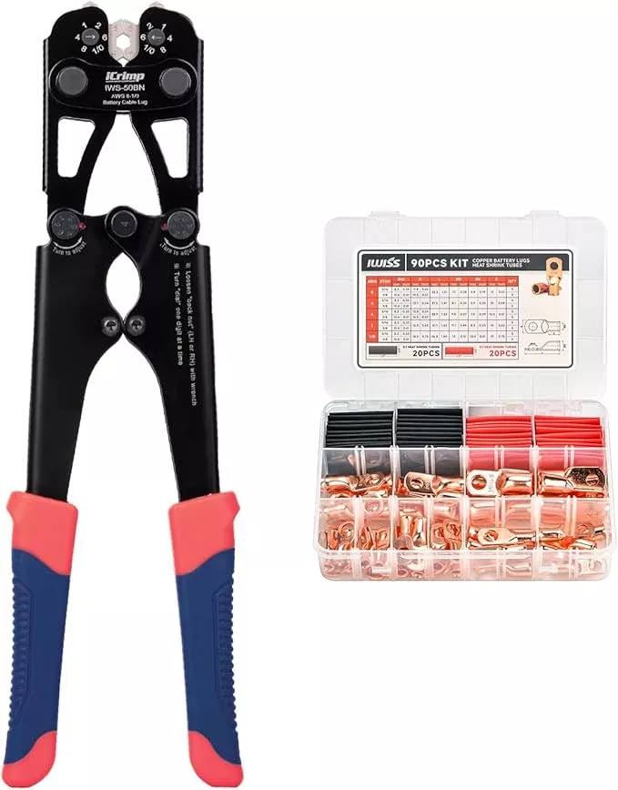iCrimp Battery Cable Lug Crimping Tool Kit for Copper Lugs Awg 8-1/0,Battery Cable Crimper with 90pcs Copper Battery Lugs/Heat Shrink Tube