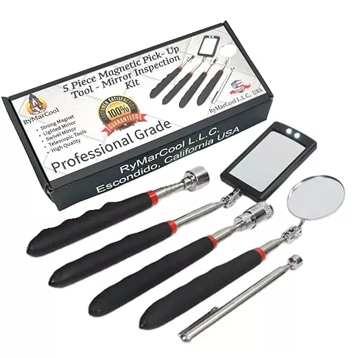 Inspection Mirror and Magnet KIT with Magnetic Pick-Up Tools. 5 Piece Set. Lighted Inspection Mirror and Lighted Magnetic Pick-Up Tool.