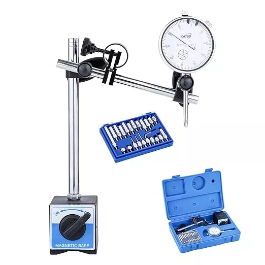 KATSU Tools Dial Indicator with Magnetic Base and 22 Pieces Indicator Points Set, 0-1.0" Tester Gauge, 0.001" Precision, Fine Adjustment, Measuring Toolkit in Storage Case 401111