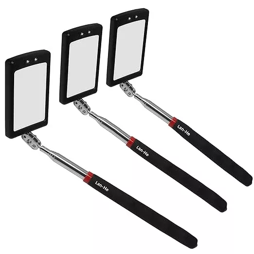 Lan-He Telescoping Inspection Mirror with 2 LED Lights extendable Machine Tool Inspection Mirrors 360 Swivel for Extra Viewing Dead Angle,Line of Obstacle Area Mechanic Automotive Gifts (3PCS)