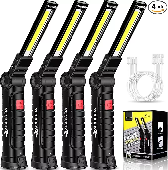 LED Rechargeable Work Light with Magnetic Base, Hanging Hook, 360° Rotate, 5 Modes, USB Portable Mechanic Light for Car Repair, Grill, Outdoor, Emergency, Tight Spaces (4 Pack)
