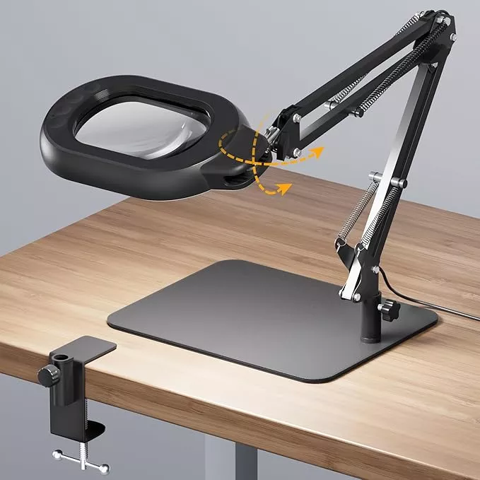 Magnifying Desk Lamp, 10X Square Magnifying Glass with Light and Stand, Dimmable LED Magnifier Lamp with Clamp and Base, Adjustable Swing Arm Light for Close Work, Reading, Crafting, Black