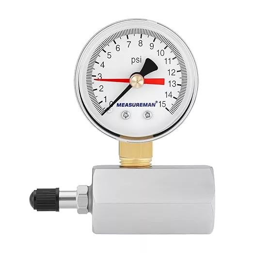 MEASUREMAN 2” Air Pressure Gauge, 0-15 PSI, Black Steel Case, Red Memory Pointer, Brass Fittings, Durable Plastic Lens, Radial Mount for Accurate Pressure Monitoring