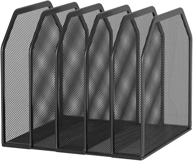 Metal 5-Section File Folder Organizer for Desk | Compact Vertical Desk File Holder | Desktop Paper Sorter for Documents, Notebooks, Books | Black Office Organizer (9.3”x8.5”x7.9”)