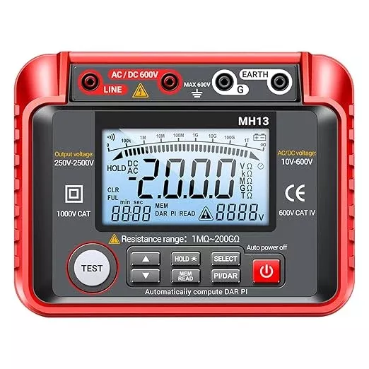 MH13 250V-2500V Digital Insulation Resistance Tester 1MΩ-200GΩ Megger Megohm Testing Meter Auto Range 2000 Counts LCD Display 10V~600V AC/DC Voltmeter with 100 Data Storage