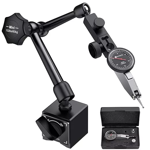 Neoteck 0-0.03"/0.0005" Dial Test Indicator with 132lbs(60kg) Max Pull Magnetic Base Stand Test Indicator Set with 3/8 inch (9.52mm) Clamping Hole for Machine Set-Up and Narrow Area Measurement-Black