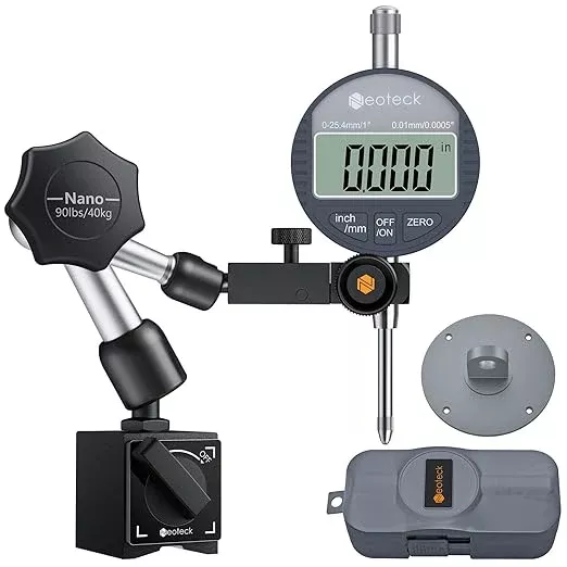 Neoteck 1"/25.4mm (0.0005"/0.01mm) Digital Indicator Set Dial Indicator and Magnetic Base Set with Storage Case, Ideal for 3D Printer Lathe Workshop CNC Machine Table Saw-90lbs(40kg) Max Pull-Black