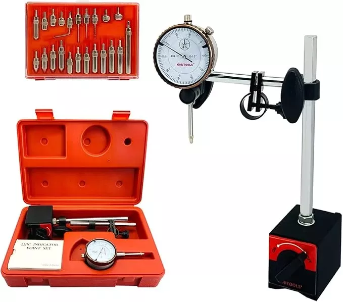 NORTOOLS Dial Indicator with Magnetic Base 0-1.0" & Point Set Dial Test Indicator 0.001" Precision Measuring Gauge Tools Kit, Magnetic Dial Indicator Base Holder with Fine Adjustment