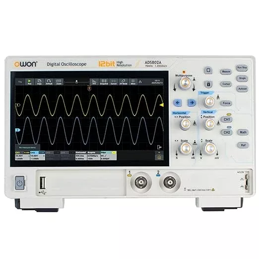 OWON Digital Oscilloscope ADS802A 70 MHz with Dual Channel 12 Bits Vertical Resolution Lab Oscilloscope with 1.25GSa/s Sample Rate 700,000 Wfms/s Waveform Capture Rate with 7 inch Display(70MHz/2CH)