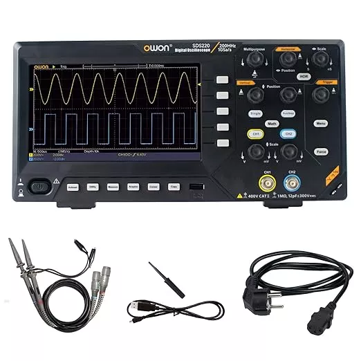 OWON Digital Oscilloscope with 4 Channels and Screen 7 inch / 18 cm, TFT-LCD Display, Portable Professional Oscilloscope Kit with 1GS/s Sampling Rate, Bandwidth 200MH, SDS220
