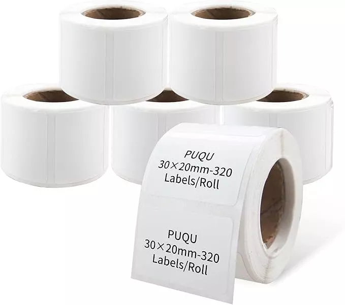 PUQU 30x20mm Direct Thermal Sticker Labels, Self-Adhesive All-Purpose Label Maker Tape, Compatible with AQ Series Label Printer, Refills Standard Laminated Office Labeling, 1 Roll of 320 Labels