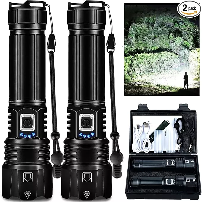 Rechargeable Flashlights High Lumens, 90,000 Lumen Super Bright Led Flashlight with USB Cable, 5 Modes Powerful Flashlight Waterproof Flash Light for Home Camping - 2 Pack