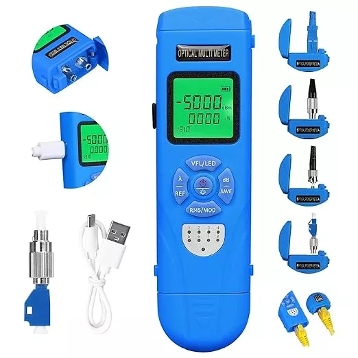 Rechargeable Optical Power Meter L-C50-15km mini Fiber Cable Tester Suitable for SC/FC/ST/LC Interface 4-in-1 Function Built-in 15km Visual Fault Locator RJ45 Network Testing with 1 FC-LC Adapter