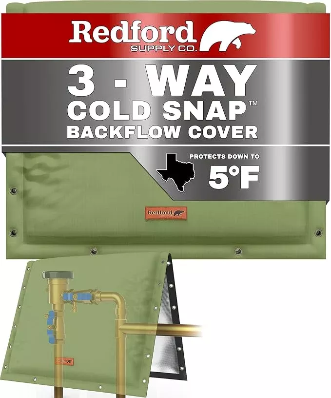 Redford Supply Co. Cold Snap (5°F) Backflow Preventer Insulation Cover, 3-Way Custom, 30"W x 24"H, Pipe Insulation, Water Sprinkler Covers for Outside, Sprinkler Backflow Cover for Winter (Beige)