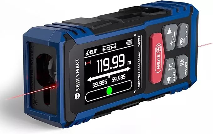 SainSmart Dual Laser Measuring Tool, 393Ft/120M Red Bilateral Distance Meter with Backlit LCD, Rechargeable, Multi-Unit (Ft/in/M), Electronic Level, Length/Area/Volume/Angle Sensor/PC Data Transfer