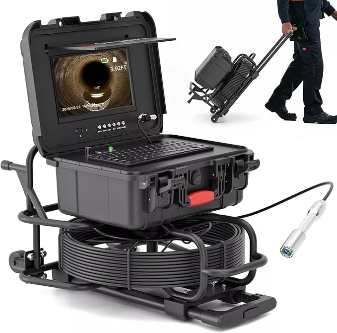 Sanyipace Sewer Camera 165FT/50M with Wheels and Retractable Handle, Self-Leveling, Support 512Hz Locator, Meter Counter, Video Audio Record, Speaker, Keyboard Input, 5x Zoom, 10" HD Screen, 7mm Cable