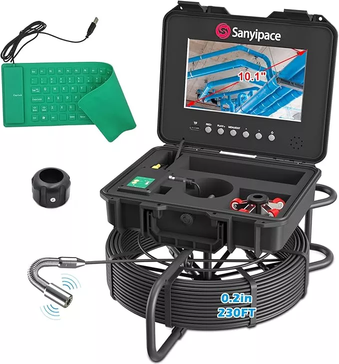 Sanyipace Sewer Camera 230FT/70M with 512Hz Transmitter, Self-Leveling, Distance Counter, Plumbing Pipe Inspection Camera with Mic Speaker DVR Recorder, 16GB TF Card, 5mm Cable, Roller Guide Wheel