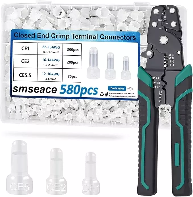 smseace 580pcs 3-Values Closed End Crimp Terminal with Wire Stripper Crimping tool 22-16/16-14/12-10AWG Wire End Caps Closed End Wire Connectors