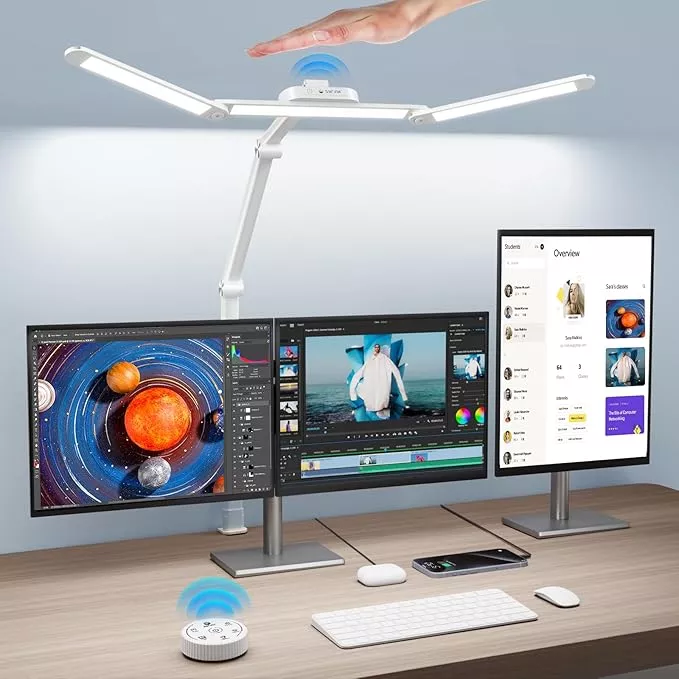 Syrinx Desk Lamp with Gesture Sensor Switch and Remote Control, 24W Bright LED Desk Lamps for Home Office with 50 Light Modes Adjustable Desk Lamp with Clamp for Tables Up to 2.95 inches Thick