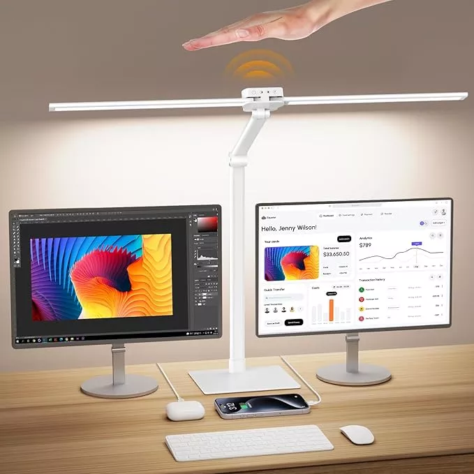 Syrinx Table Lamp, 24W Desk Lamp for Home Office with Gesture Sensor Switch and Touch Control, Eye-Caring Double Head LED Table Lamp with 25 Light Modes Adjustable Desk Light with Metal Base