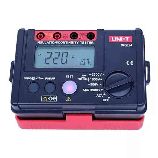 UNI-T 2500V Insulation Megger Tester Megohmmeter, Ground Resistance Tester Meter 0 Megohm to 20GΩ with AC 500V/1000V Testing Voltage & LCD Display Backlight(UT502A)