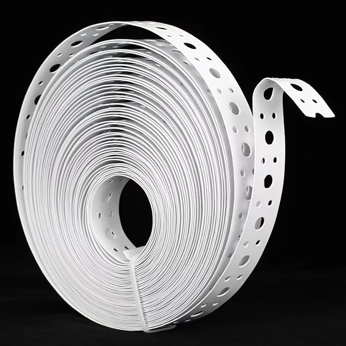 White Metal Strap 1-Inch x 50FT 0.6mm Thickness Galvanized Pipe Hanger Strap Metal Strapping with Holes Plumbers Strap for Pipe Supports Hanging