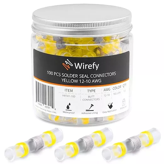 Wirefy 100 Pieces Electrical Heat Shrink Solder Lugs - Waterproof Electrical Terminals - Waterproof End to End Connection - Yellow 4-6mm²
