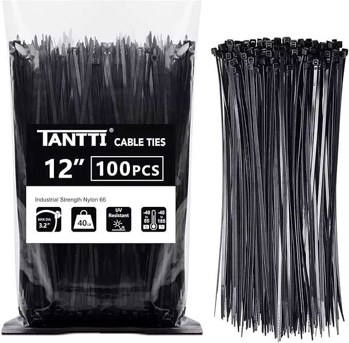 Zip Ties 12 inch, Black Zip Ties 100 pack, 40lb, Cable Ties, Self-locking Wire ties for indoor and outdoor use, by Tantti