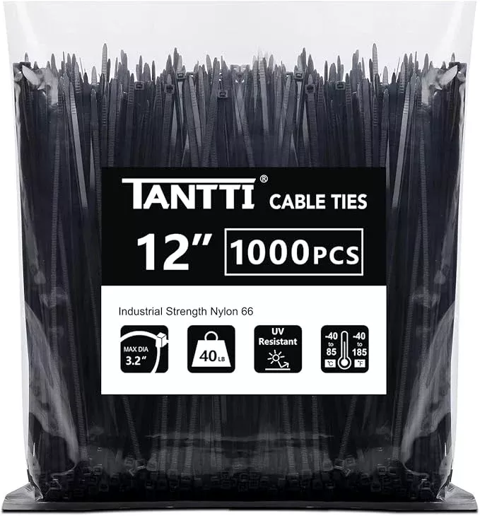 Zip Ties 12 inch, Black Zip Ties 1000 pack, 40lb, Cable Ties, Self-locking Wire ties for indoor and outdoor use, by Tantti